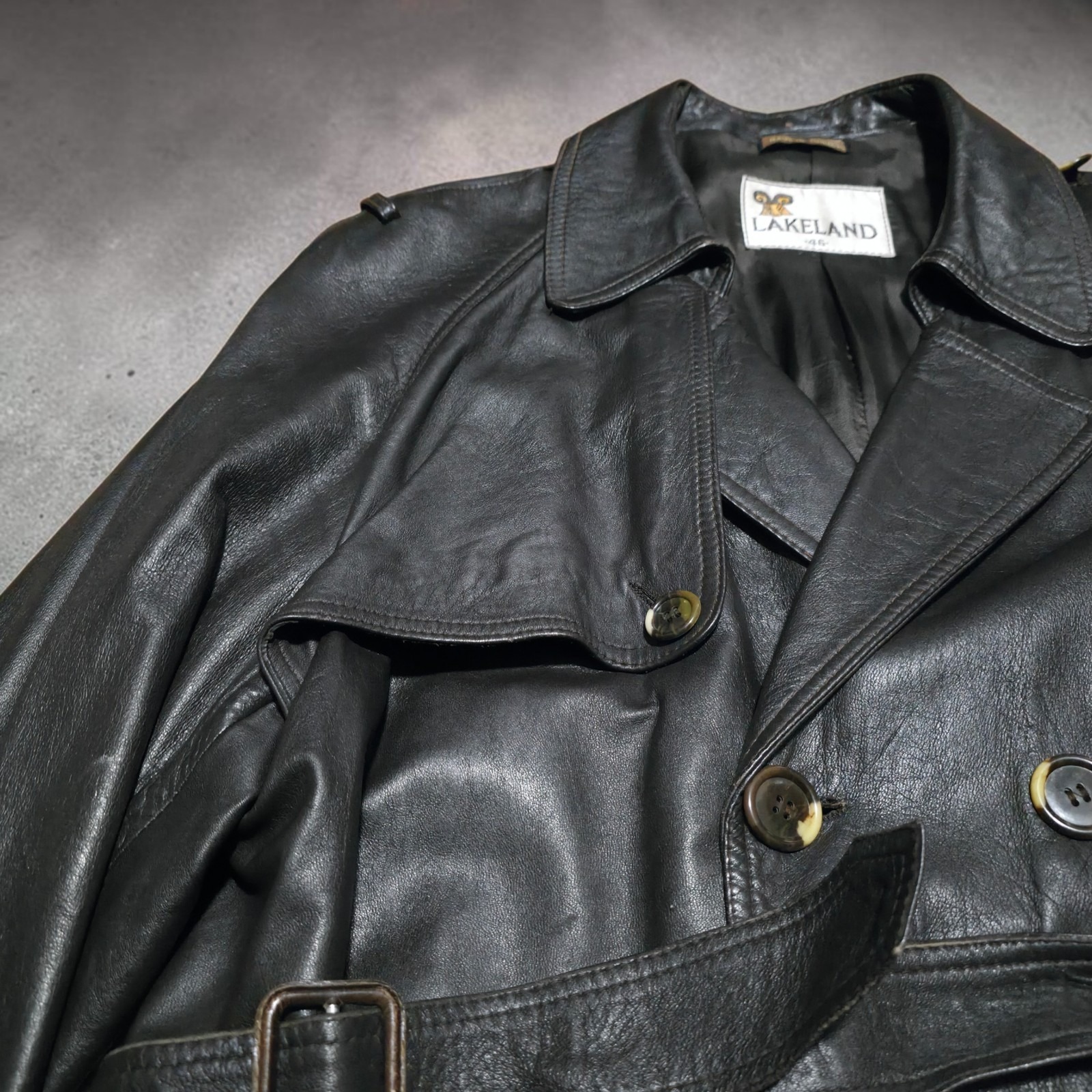 Vintage 70's Leather Trench Coat Lakeland Double Breasted Belted Size 46 Mafia